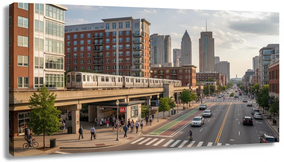 realistic editorial-style scene of a tree-lined residential street in East Falls Church Arlington VA with detached homes, sidewalks, and a distant view of an elevated rail line hinting at nearby Metro