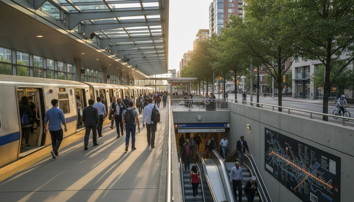 Street-level view of Clarendon in Arlington with condos and outdoor dining