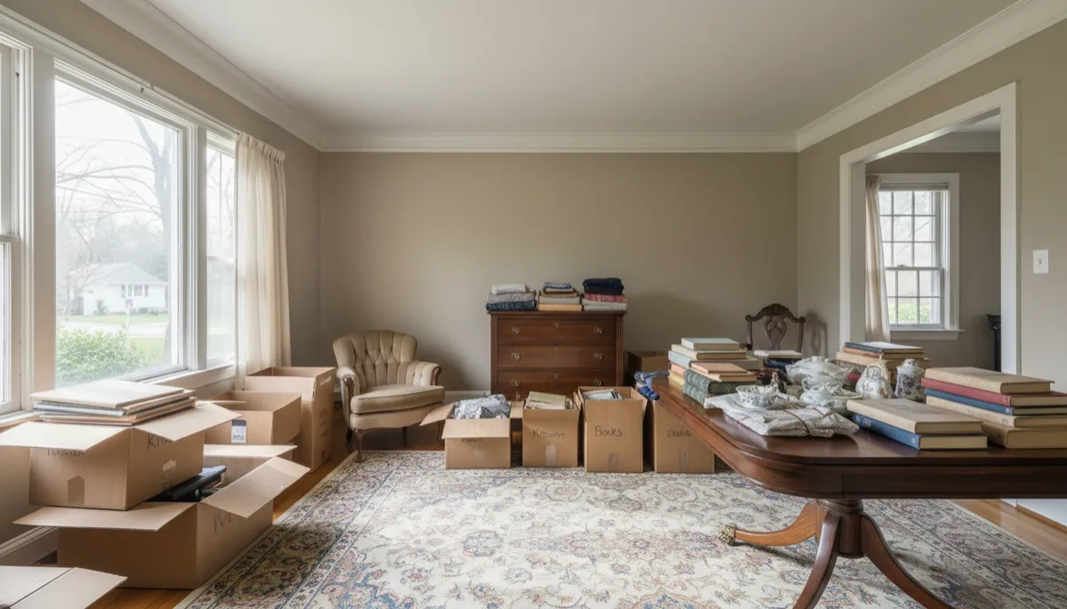 realistic editorial-style interior of an older Arlington-area home during estate cleanout, cardboard boxes, neatly sorted household items, older but well-kept furnishings, natural window light, neutral colors, no people, no text or logos