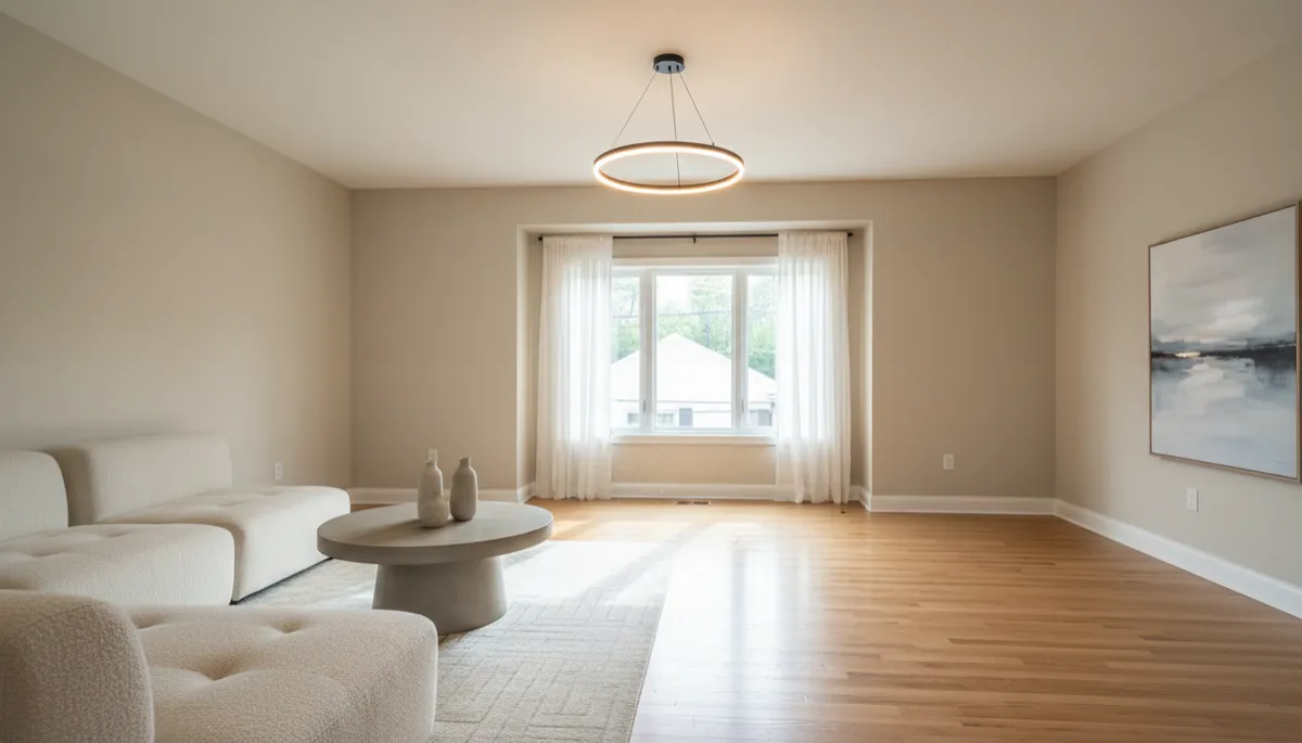 realistic editorial-style interior of an Arlington home freshly painted in soft neutral colors, clean hardwood floors, simple modern light fixture, minimal staging with a few tasteful pieces, natural daylight from windows, no people, no text or logos