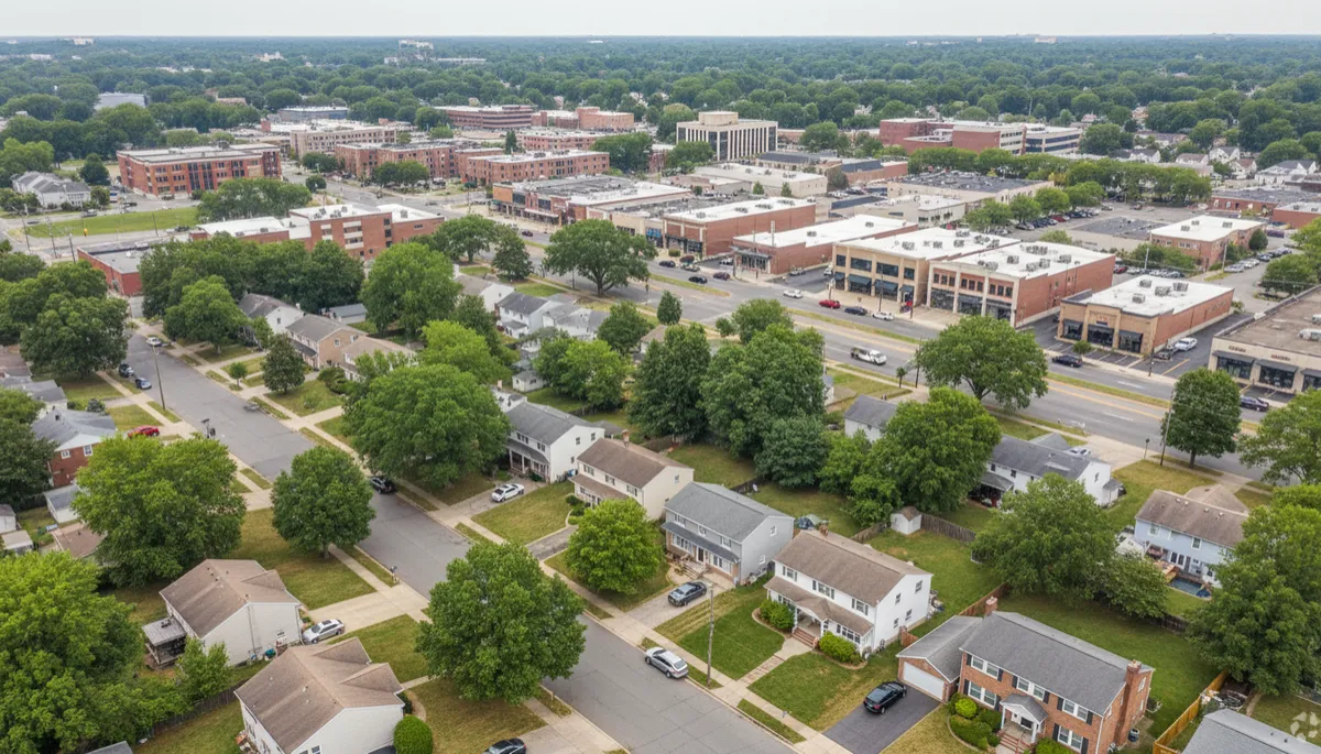 Aerial view of Arlington neighborhood with modest single-family homes