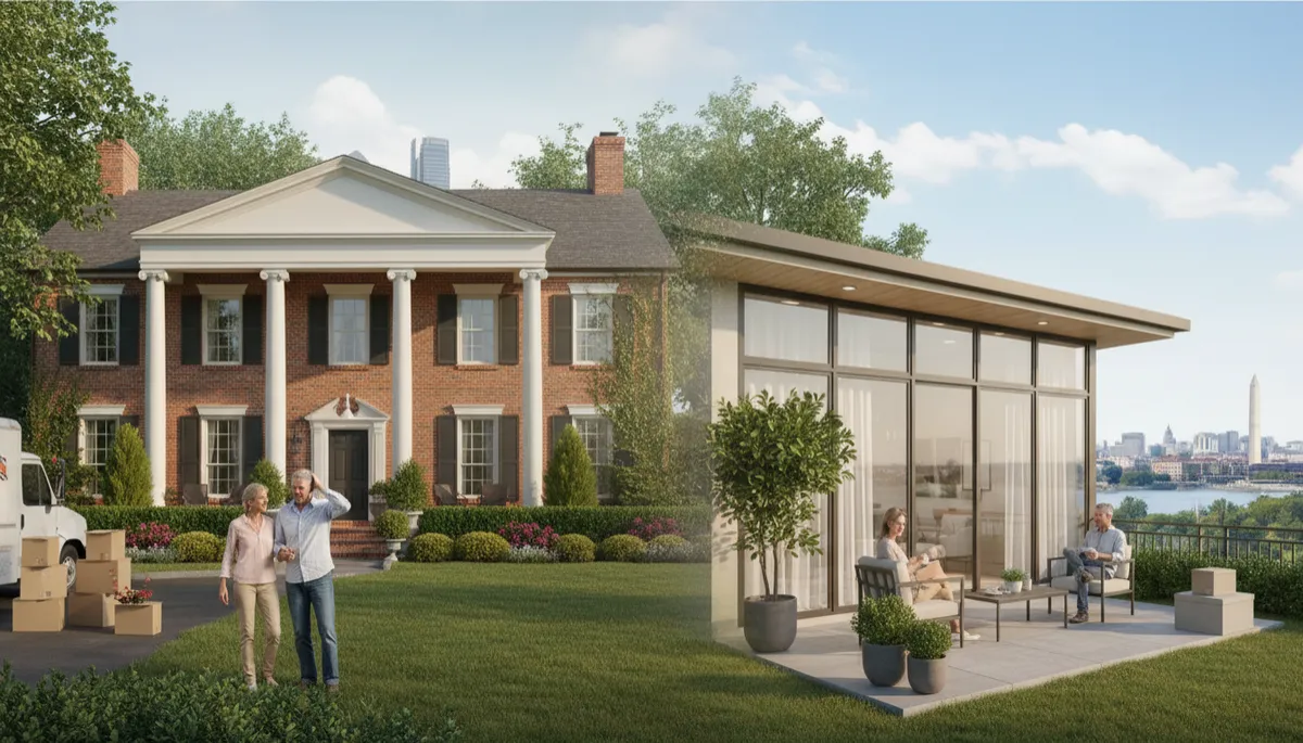 Homeowners reviewing downsizing plans in a smaller Arlington VA condo living room