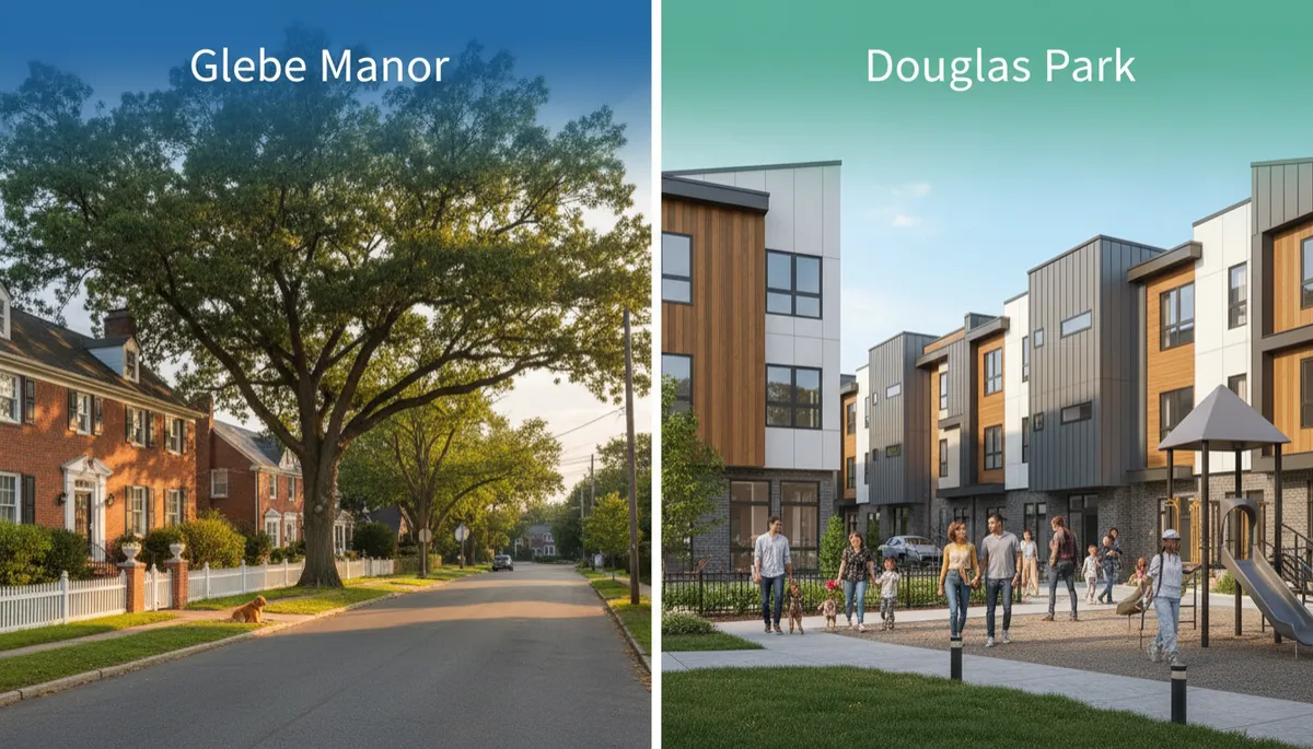 Mixed-use street in South Arlington with apartments above shops and wide sidewalks