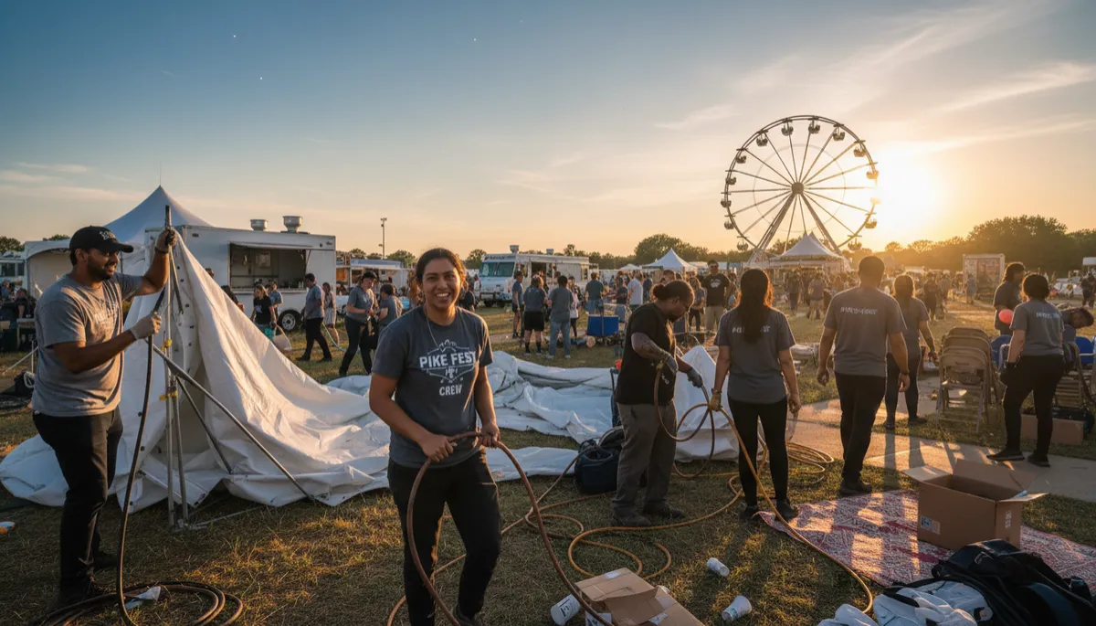 Volunteers organizing festival equipment at the end of a community event