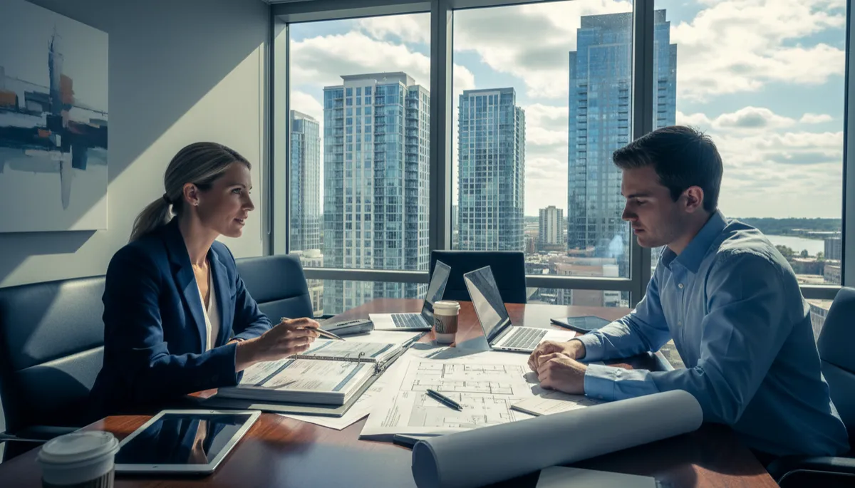 Homebuyer and agent reviewing Arlington condo listings and documents