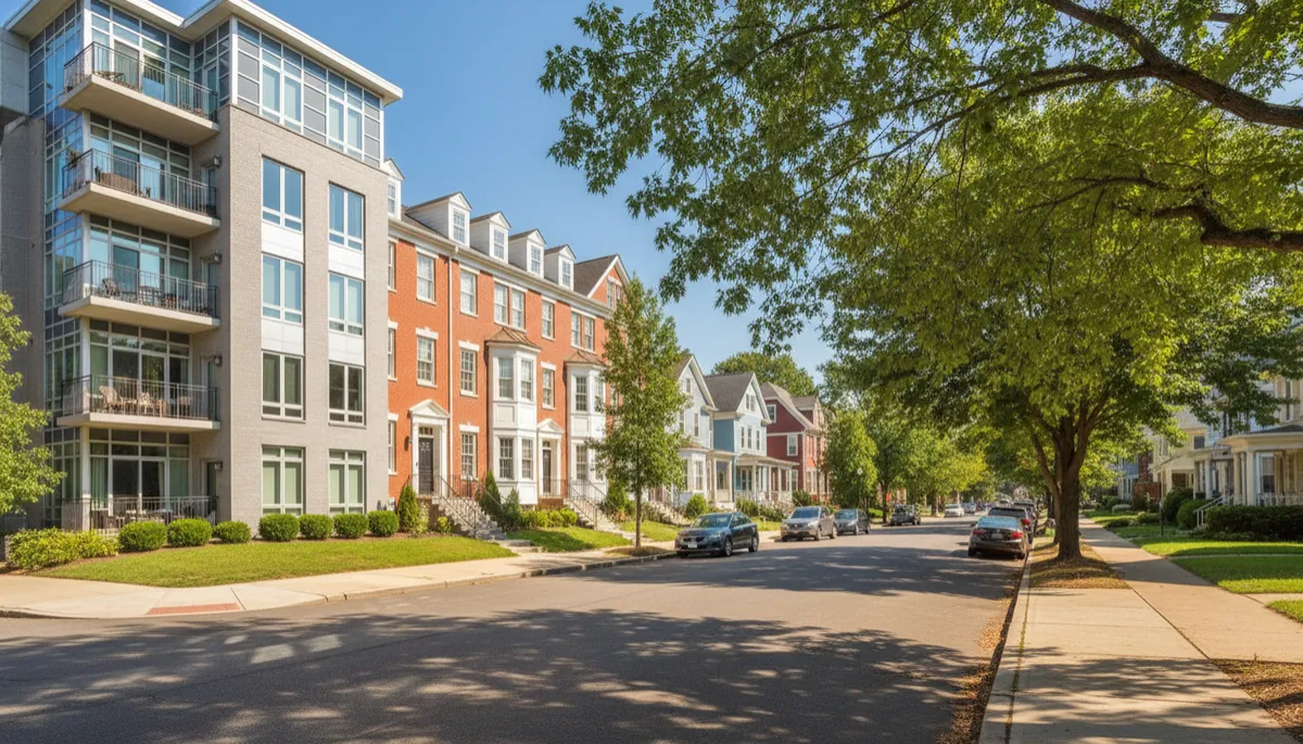 Street in Arlington with condos, townhouses, and detached homes side by side