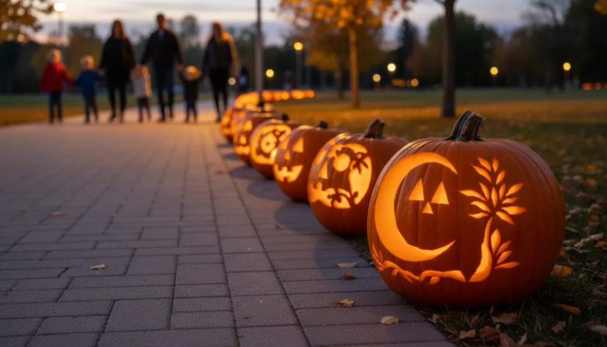 Carved pumpkins glowing along the Lubber Run community trail at dusk