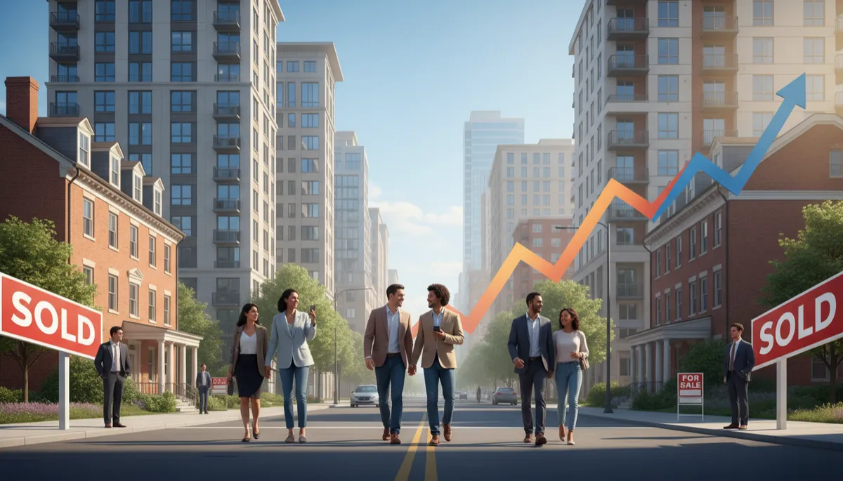 Real estate agent and clients reviewing housing market charts at a conference table