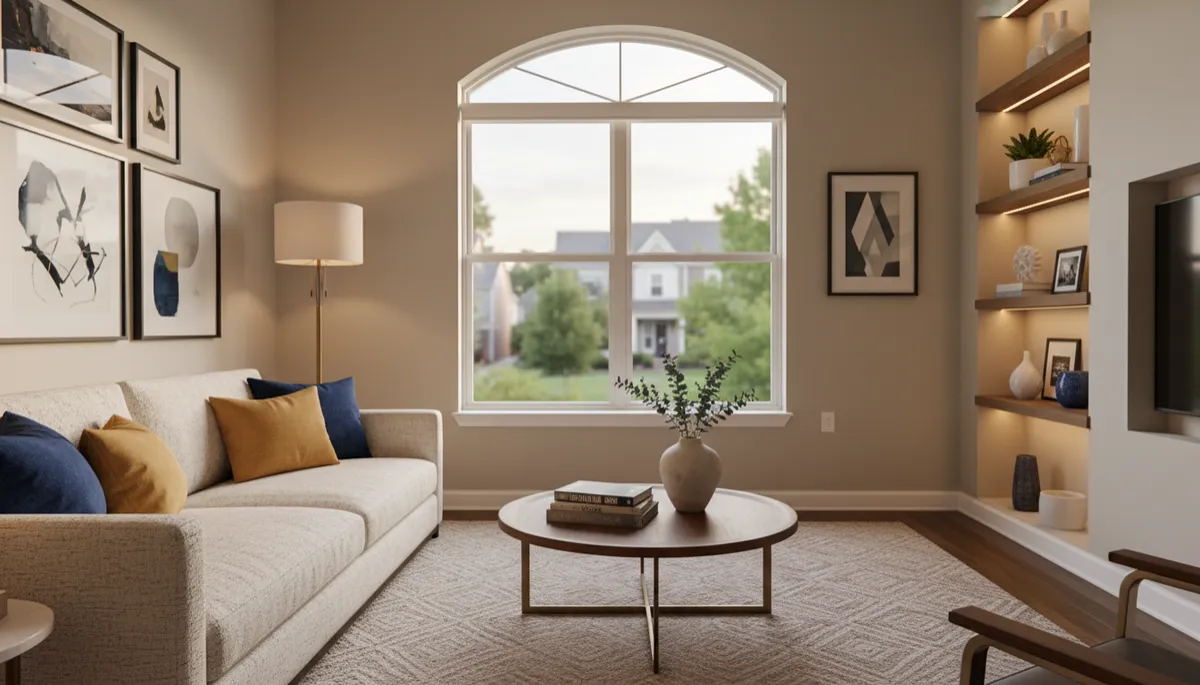 Professionally staged small condo bedroom with neutral decor and organized closet