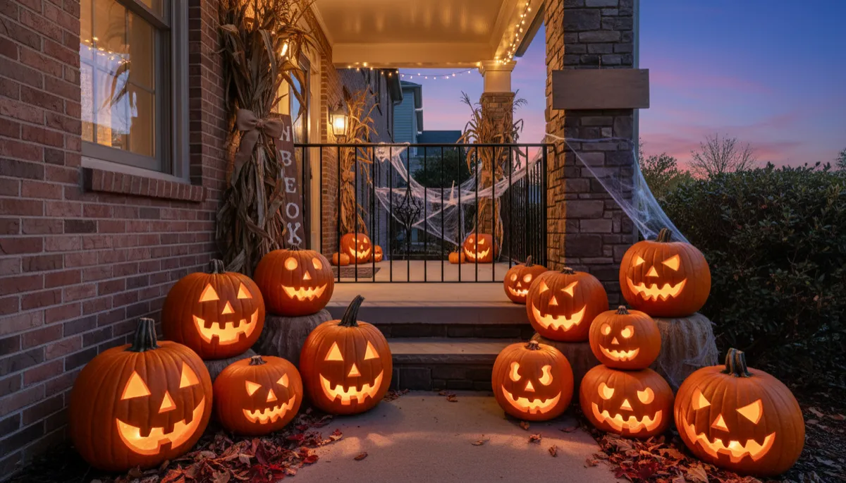 A high-resolution, realistic photograph of carved pumpkins glowing on a townhouse porch at dusk in Arlington, Virginia, with subtle Halloween decorations and warm, neutral lighting.