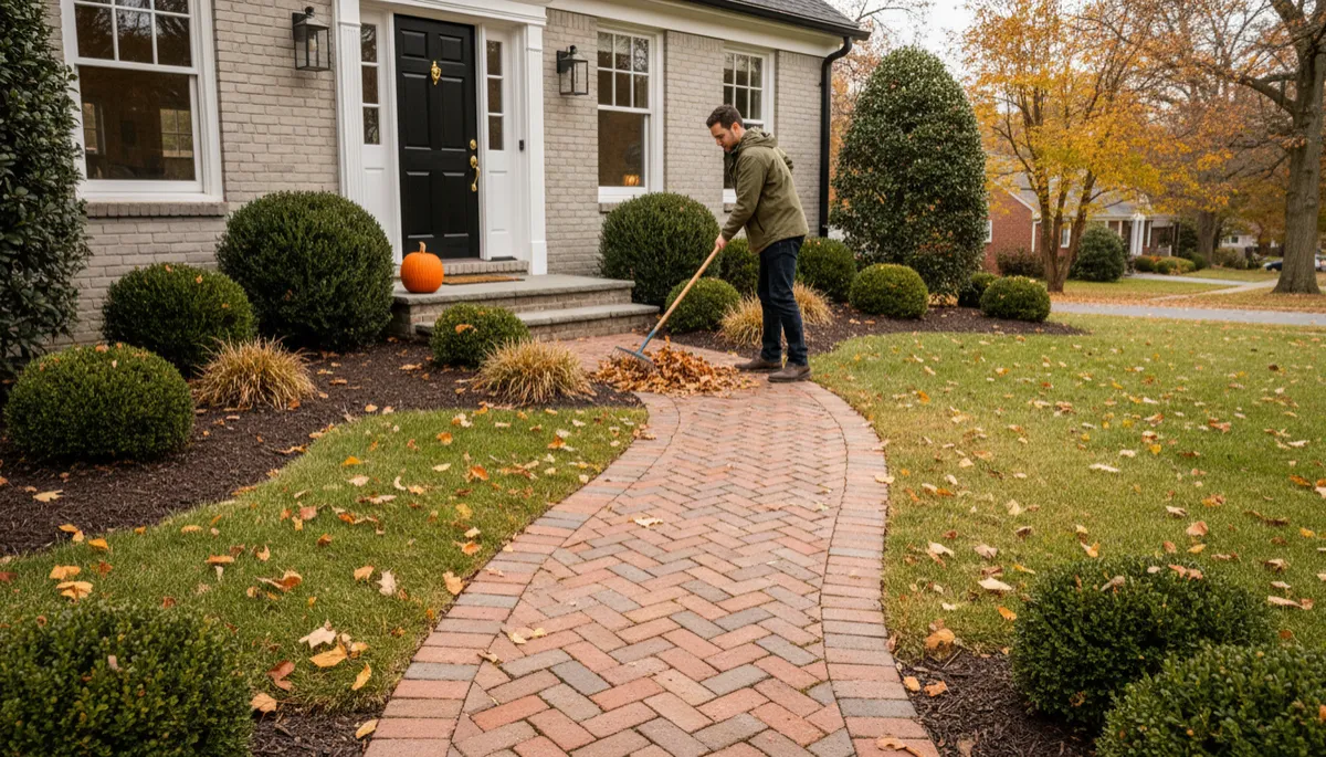 Homeowner raking leaves from a clean brick front walk in fall.