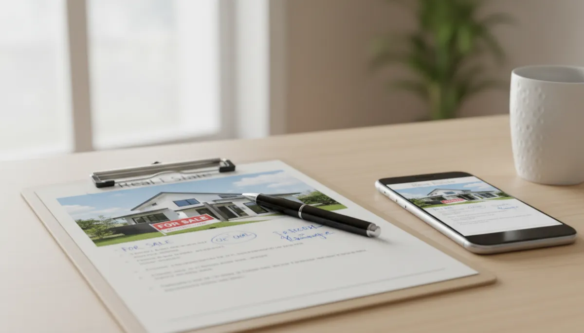 Printed and digital versions of a real estate listing with notes Printed and digital versions of a real estate listing with notes