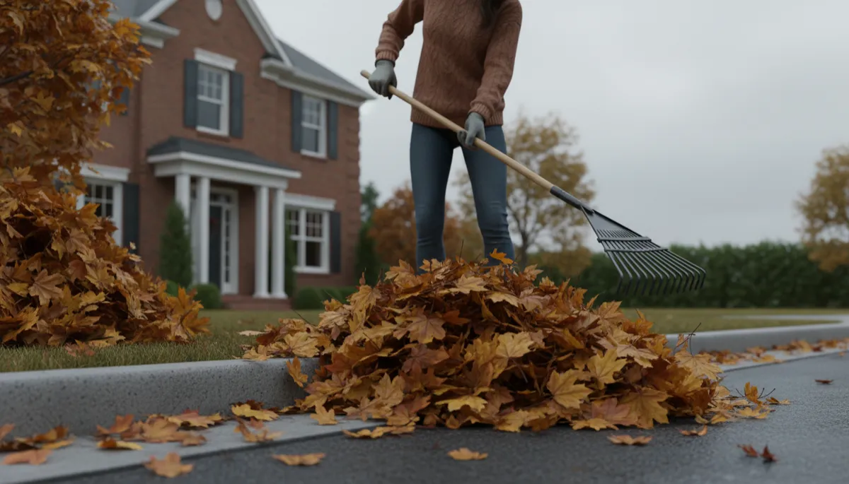 Homeowner raking leaves into a pile along the curb