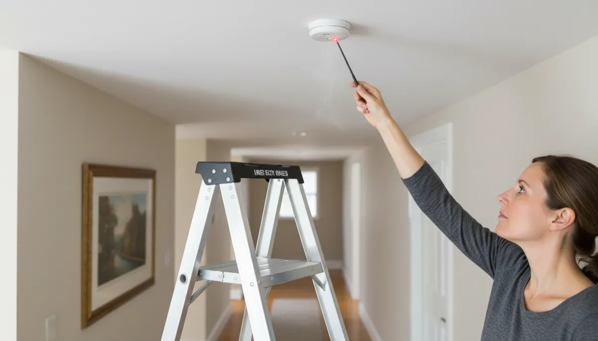 Homeowner testing a smoke alarm during seasonal home maintenance