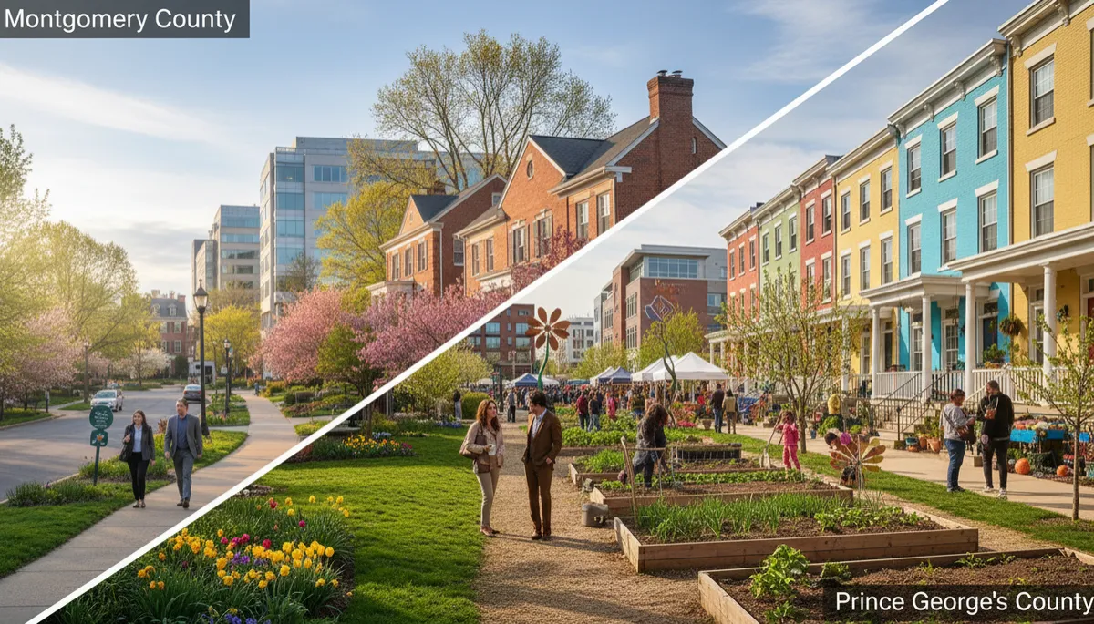 another photo. Context: This is for a blog post about "Montgomery County vs Prince George's County, MD: What Did Spring 2026 Show?". Style: Professional quality, photorealistic, high resolution