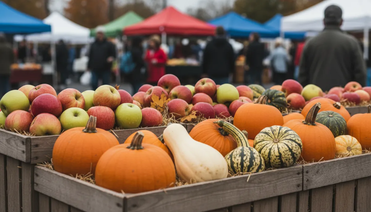 Wooden crates of seasonal produce at an Arlington fall farmers market.