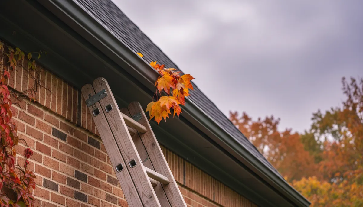 Ladder against Arlington VA home with autumn leaves in gutter