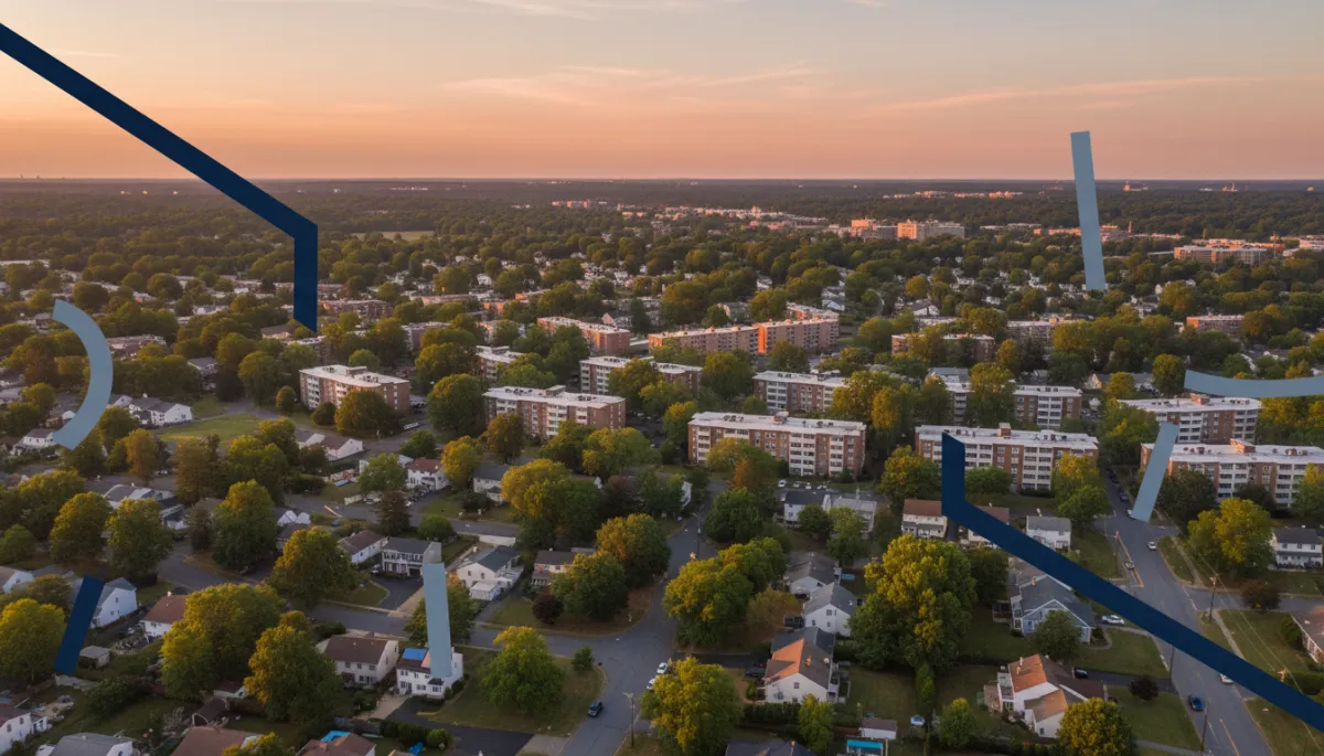other style neutral-toned aerial view of Annandale VA neighborhood at sunset, mix of single-family homes and low-rise condos, soft natural lighting, subtle deep navy and slate blue accents in overlay graphics