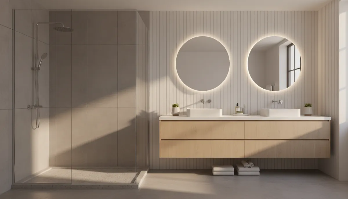 professional neutral-toned modern Arlington bathroom with walk-in shower, double vanity, soft natural light, subtle staging elements
