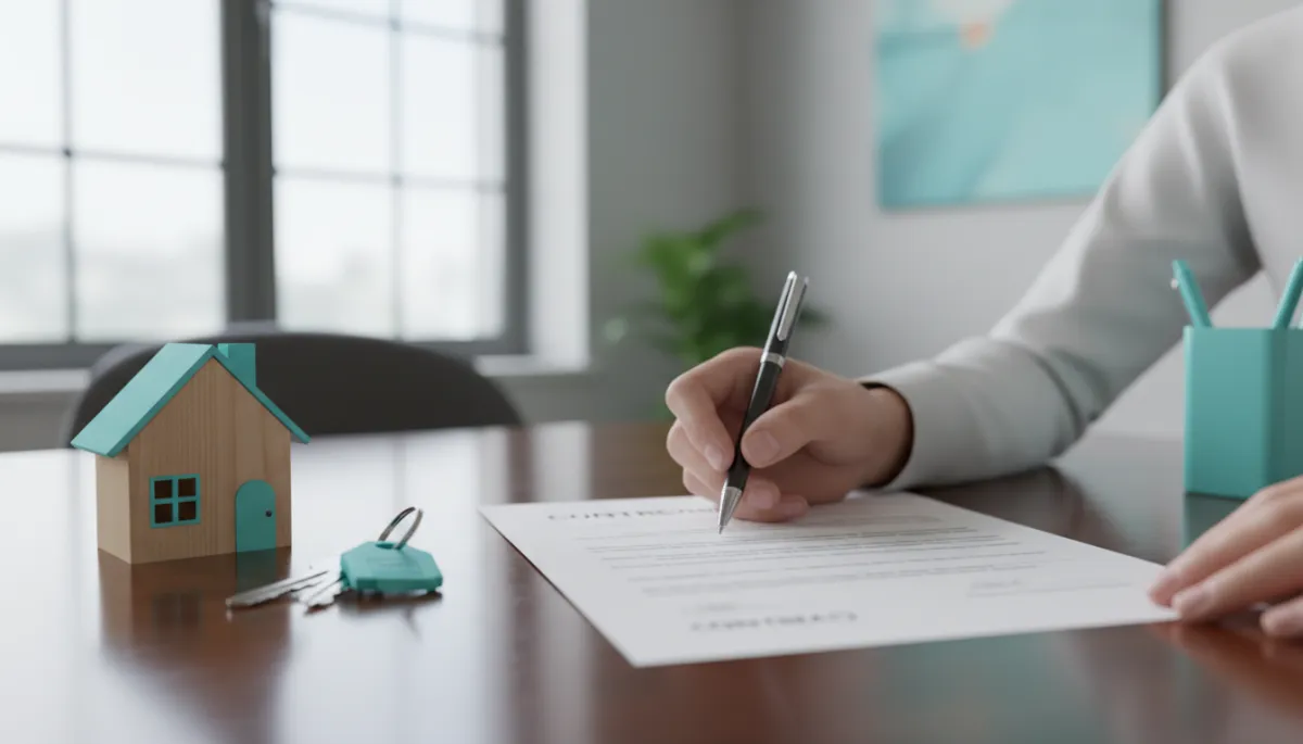 Firma de contrato de compraventa de vivienda junto a llaves y maqueta de casa