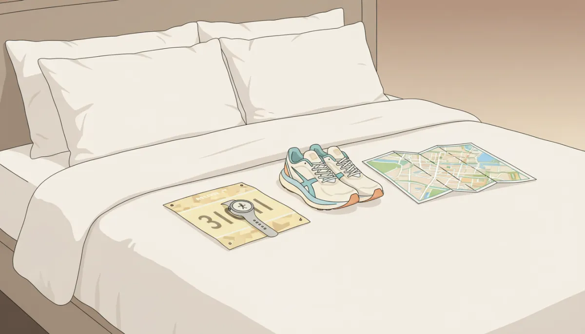 Marathon gear arranged on a luxury hotel bed with a city race map Marathon gear arranged on a luxury hotel bed with a city race map