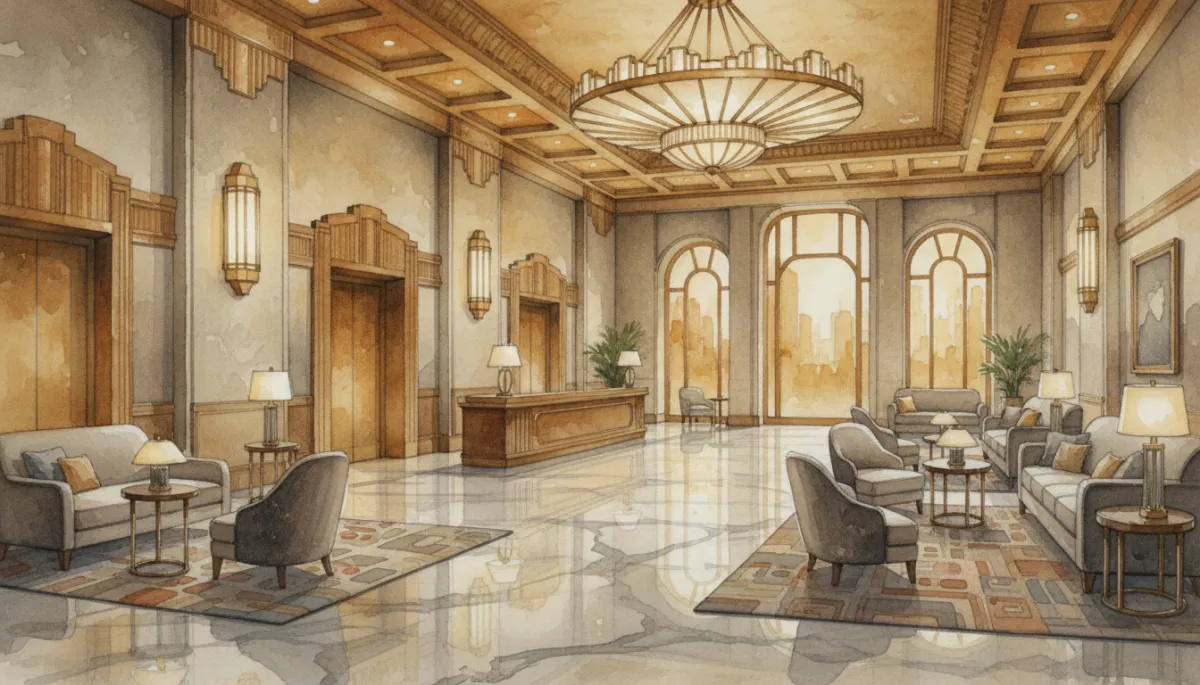 Art Deco hotel lobby with marble floors and sunburst chandelier