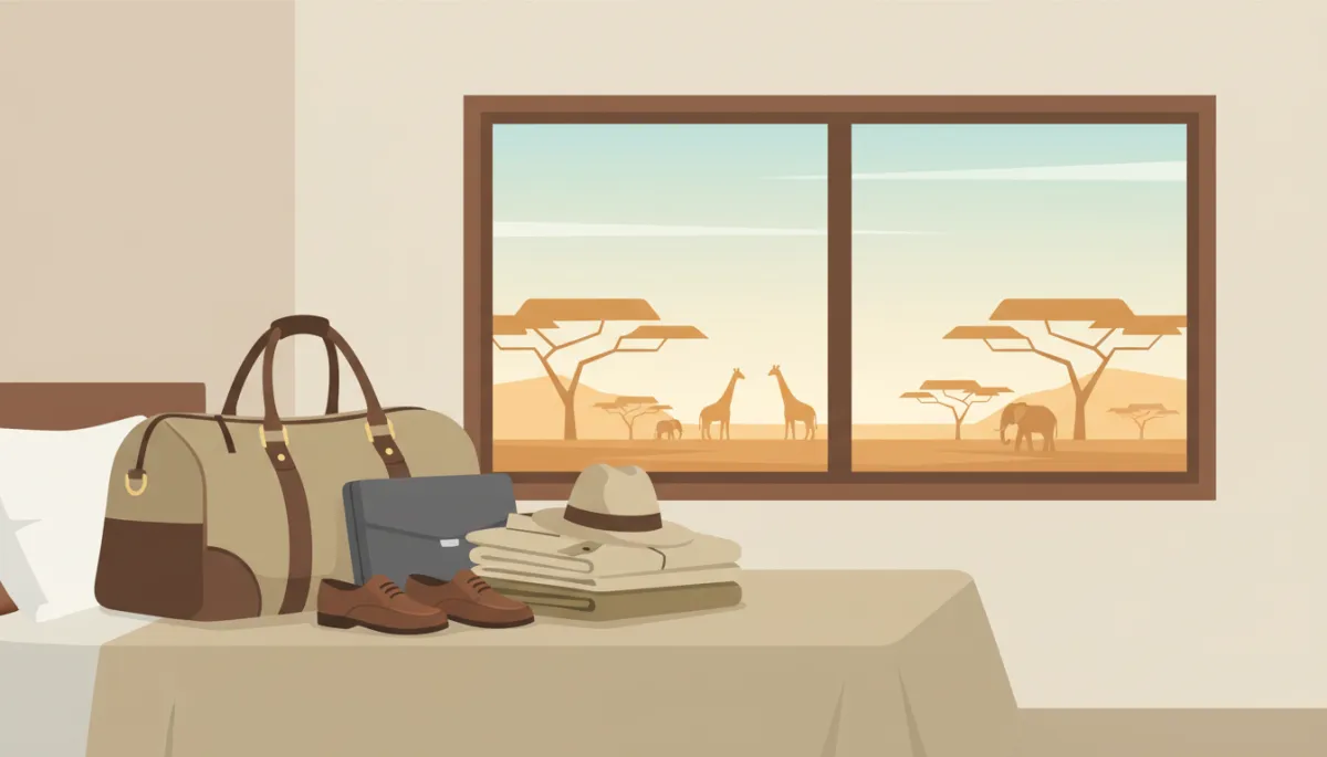 Organized safari duffel packed with professional, neutral clothing and accessories