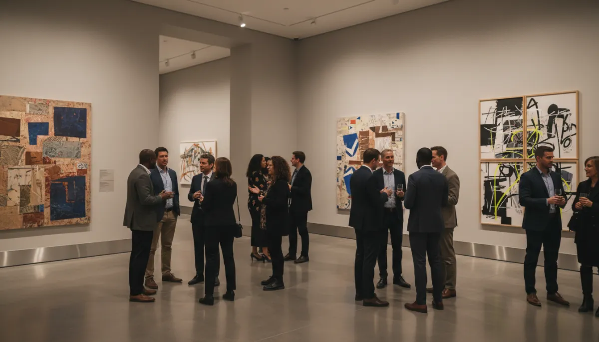 Professionals discussing contemporary works by underrepresented American artists in a gallery