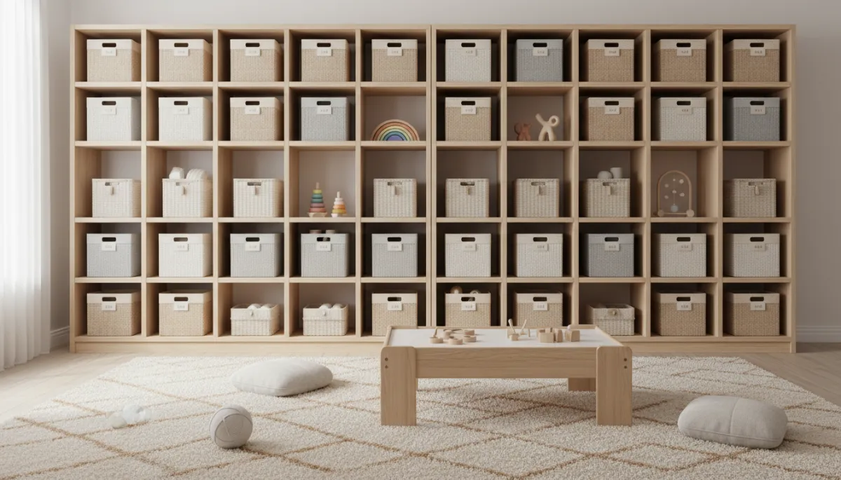 Organized playroom storage with baskets and plush rug