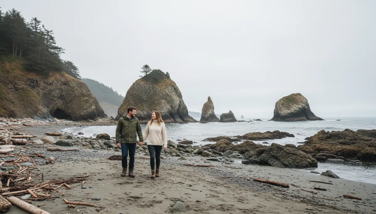 Professional scene of visitors strolling along a rugged Mendocino beach at low tide