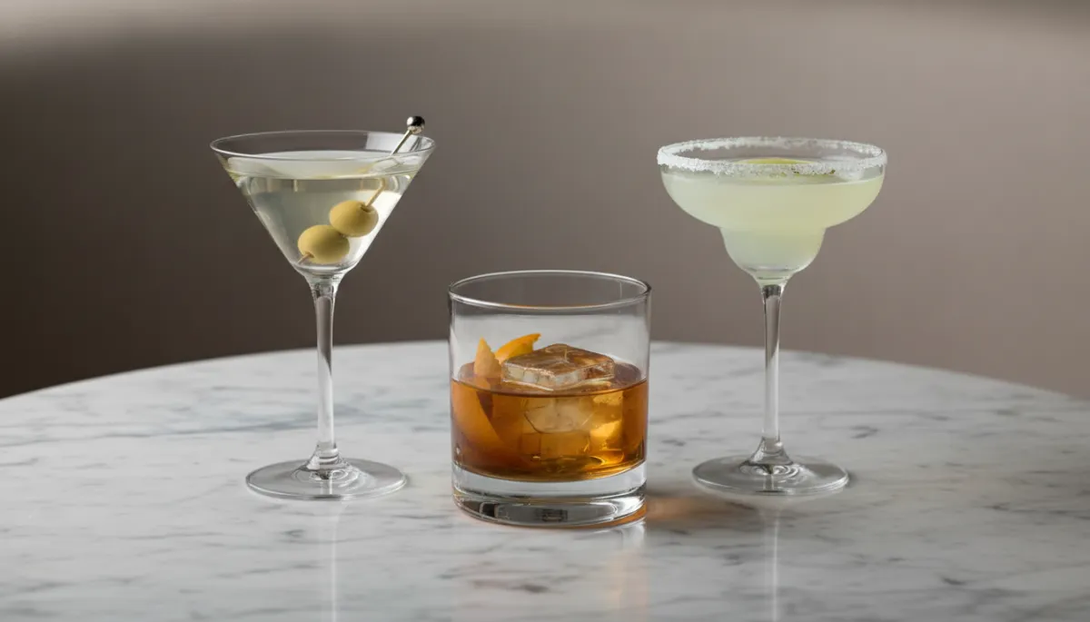 Selection of three iconic classic cocktails on a marble surface