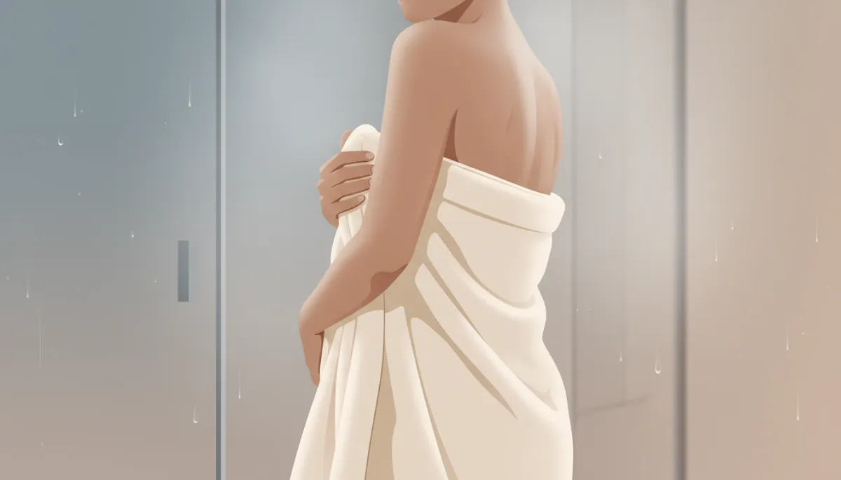 Person wrapping in an oversized plush towel after a steamy shower