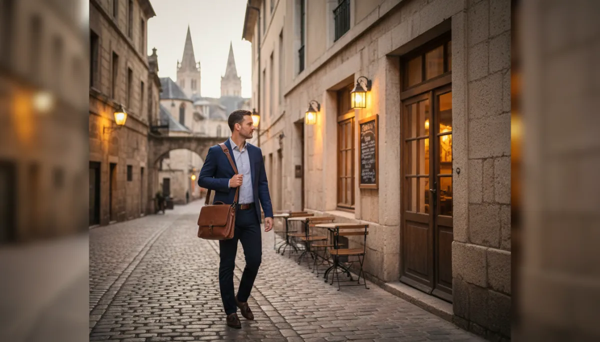Business traveler exploring a historic city street after work