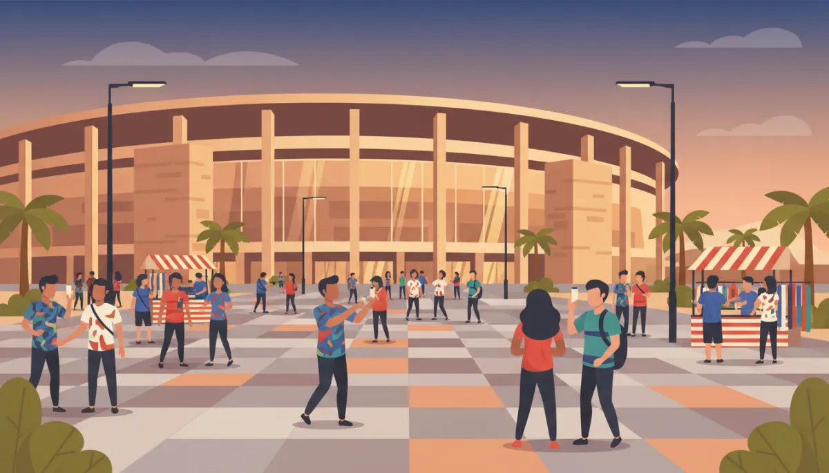 Travelers in team jerseys gathering outside a stadium and exploring local stalls