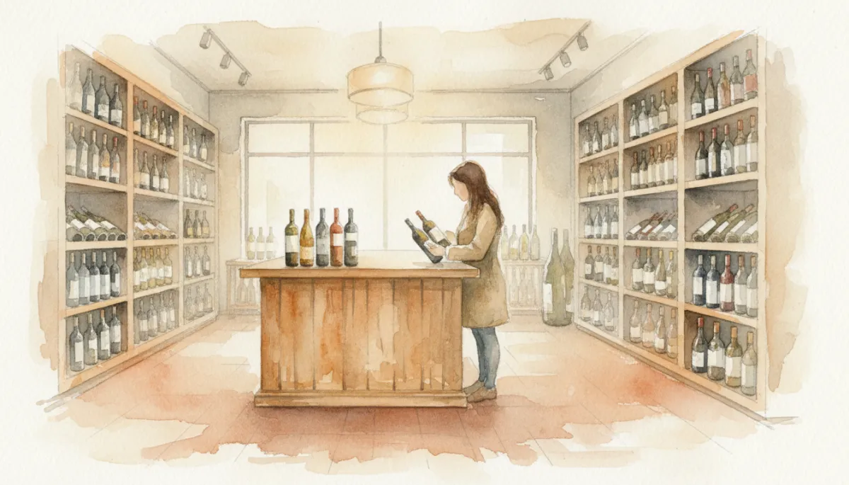 Person comparing wine bottles while reading labels in a shop