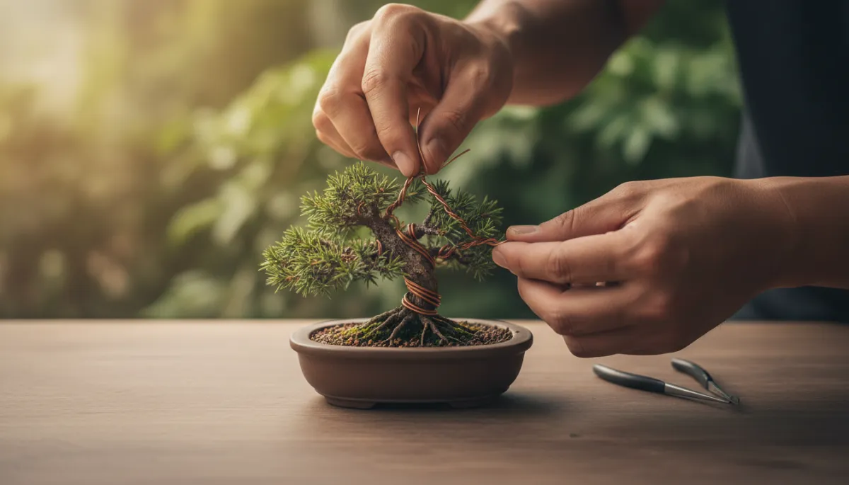 Hands wiring and shaping a small bonsai tree on a wooden table