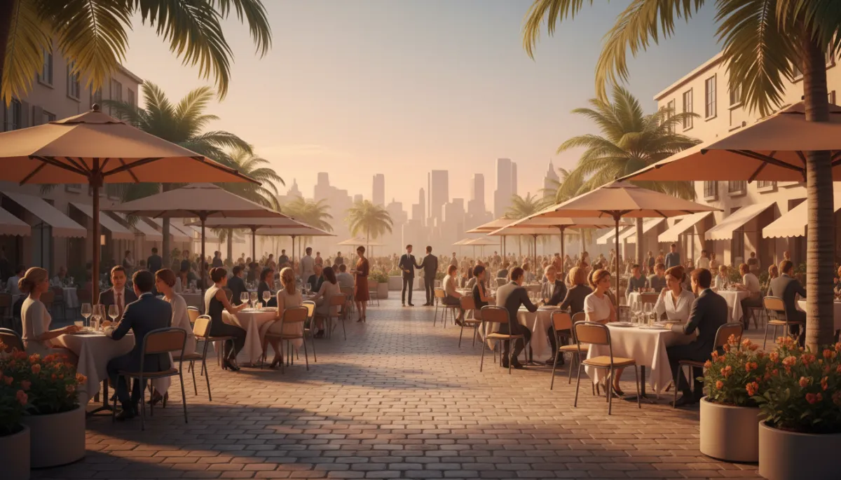 People enjoying outdoor dining and summer evenings in a lively city square