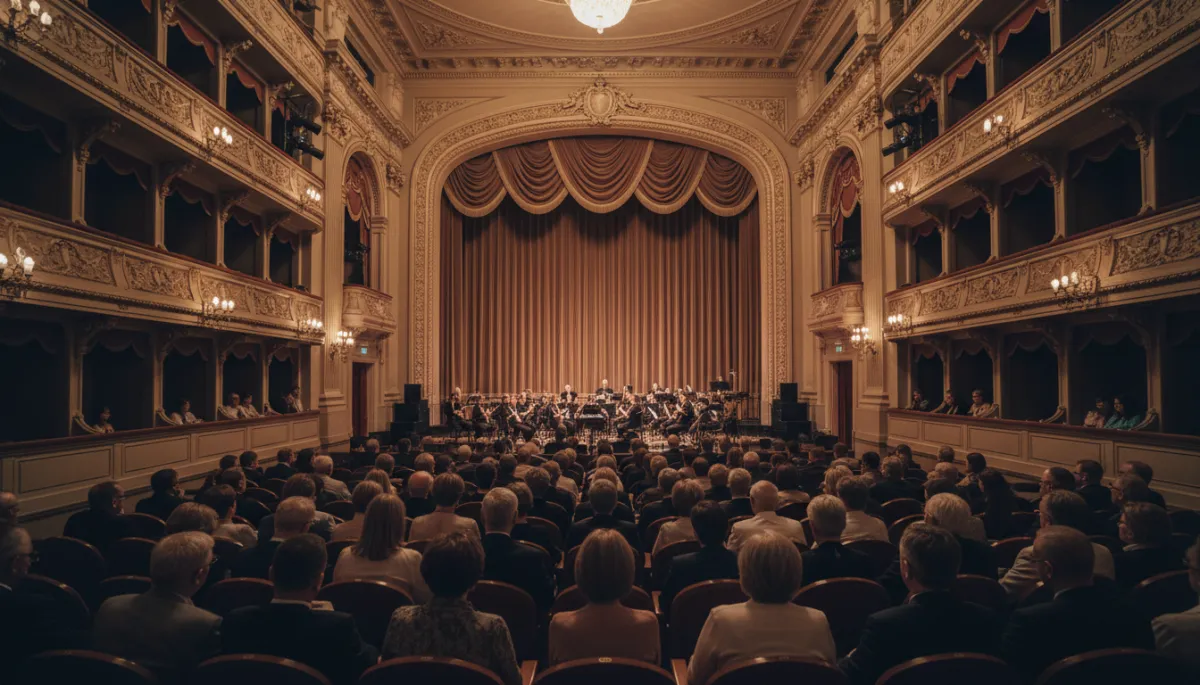 Audience seated in a neutral-toned theater waiting for the ballet to begin Audience seated in a neutral-toned theater waiting for the ballet to begin