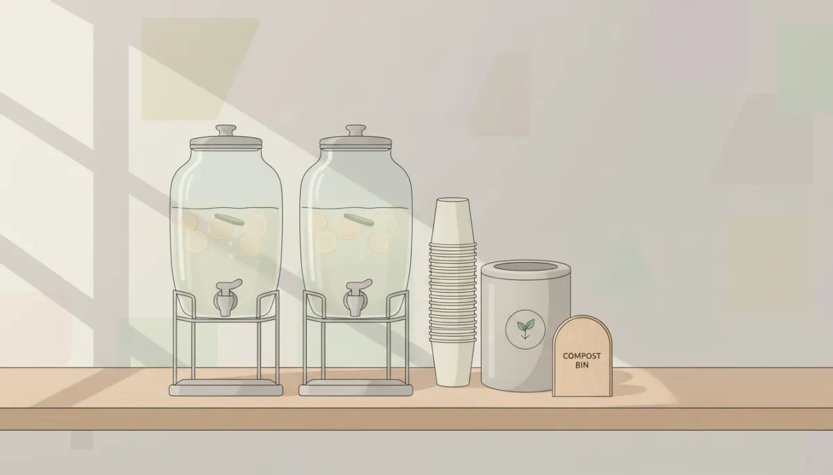 Beverage station using compostable cups and clearly labeled waste bins