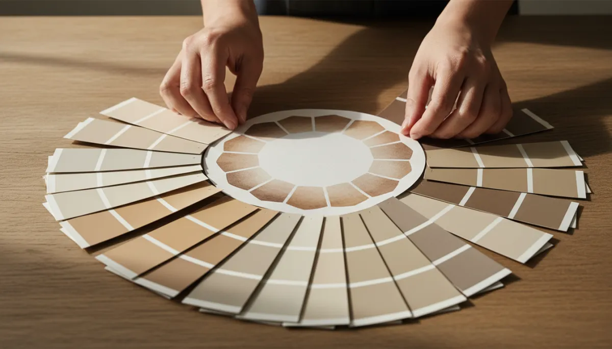 Designer arranging neutral paint chips around a printed color wheel