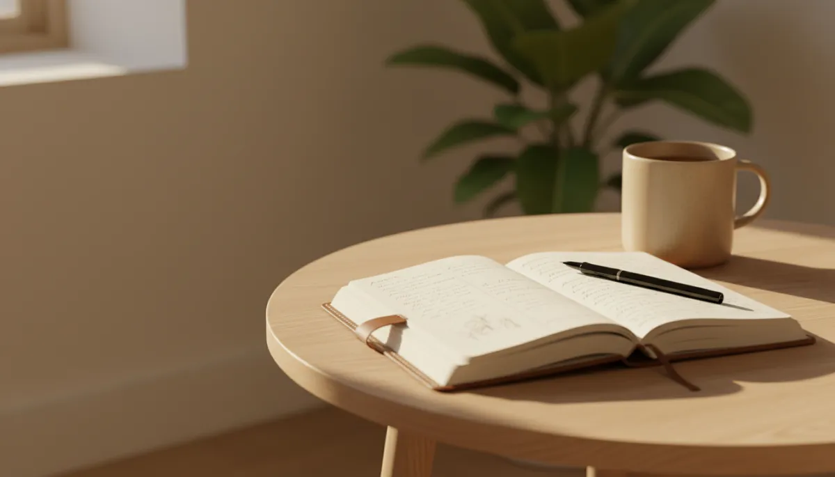 Journaling setup on a sunlit side table in a morning room