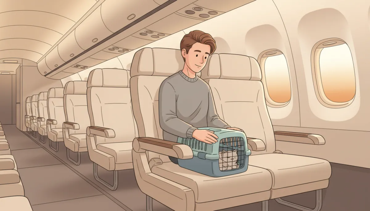 Pet carrier placed under an airplane seat during a flight Pet carrier placed under an airplane seat during a flight