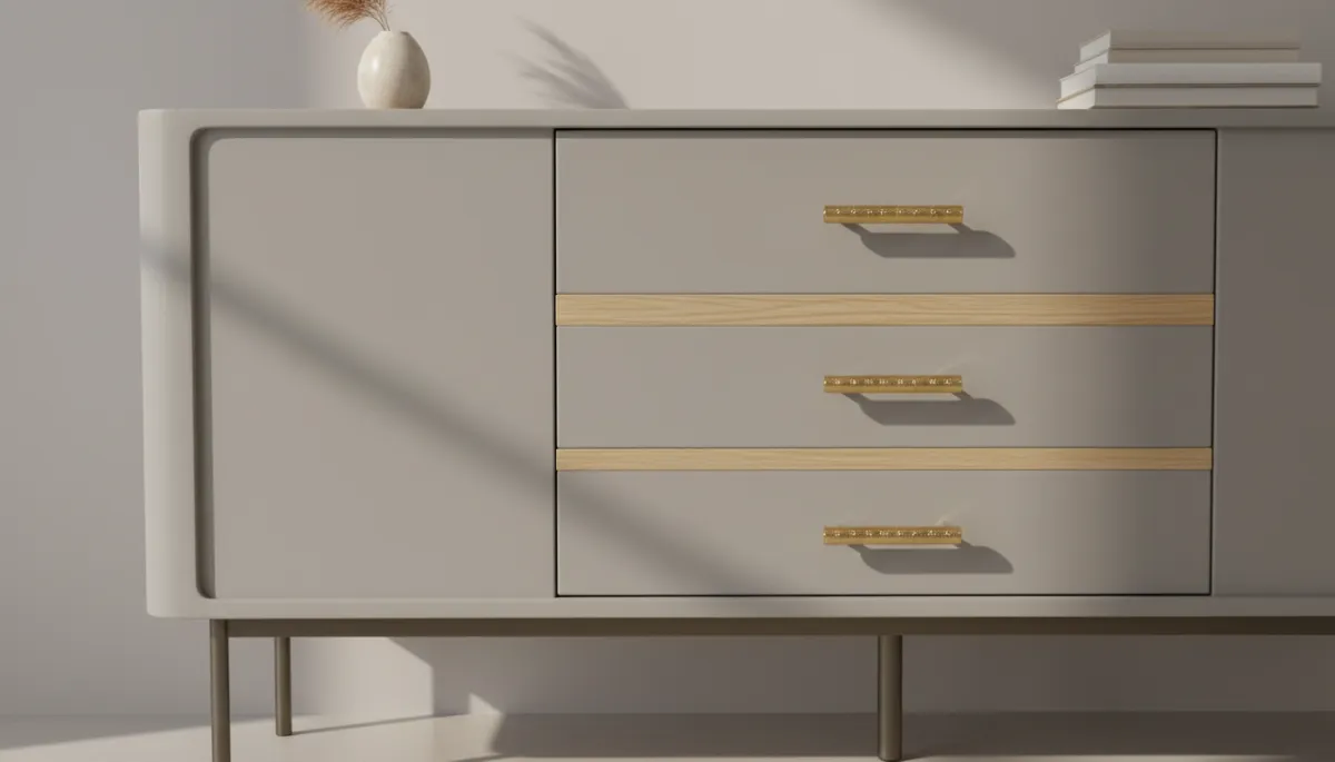 Console with textured brass and wood drawer pulls