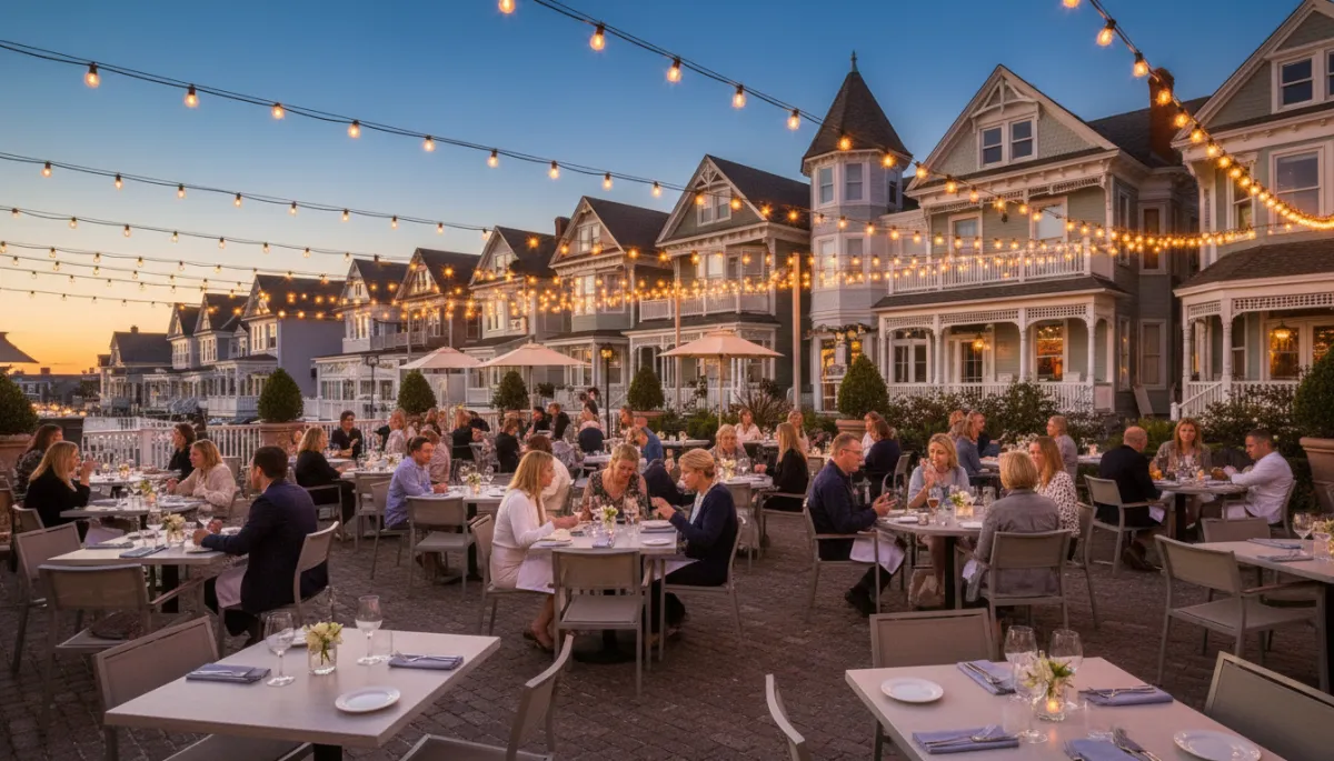 Outdoor restaurant patio with string lights in Cape May