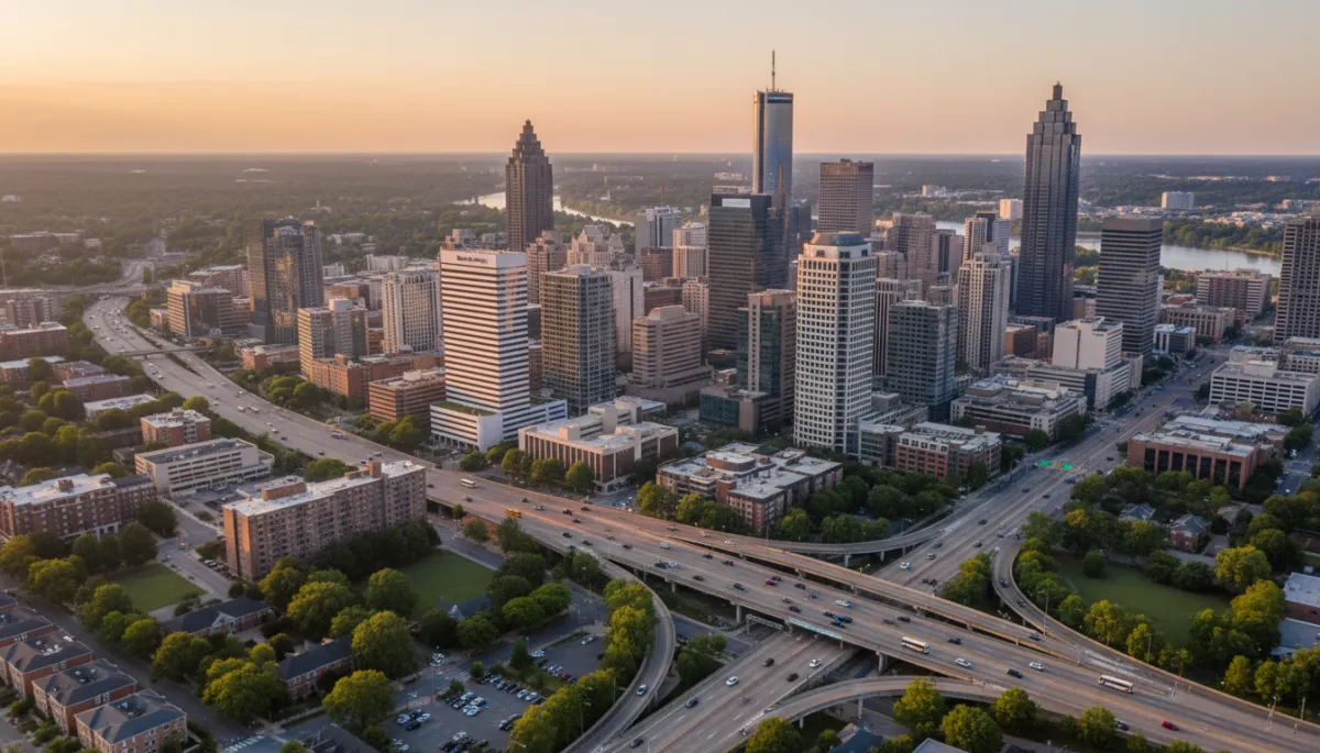 Photorealistic, high-resolution aerial view of downtown Atlanta, Georgia at sunset, capturing the modern skyline with prominent office towers, bustling business districts, and vibrant city streets. Include a balanced mix of sleek glass buildings, tree-lined avenues, and nearby residential neighborhoods to convey both urban professionalism and livability. Soft, neutral color palette with warm golden hour lighting for a polished and inviting look suitable for a professional tech-focused blog. The composition should evoke Atlanta’s status as a major tech hub and emphasize its appeal to tech workers choosing North Atlanta. Photorealistic, high-resolution aerial view of downtown Atlanta, Georgia at sunset, capturing the modern skyline with prominent office towers, bustling business districts, and vibrant city streets. Include a balanced mix of sleek glass buildings, tree-lined avenues, and nearby residential neighborhoods to convey both urban professionalism and livability. Soft, neutral color palette with warm golden hour lighting for a polished and inviting look suitable for a professional tech-focused blog. The composition should evoke Atlanta’s status as a major tech hub and emphasize its appeal to tech workers choosing North Atlanta.