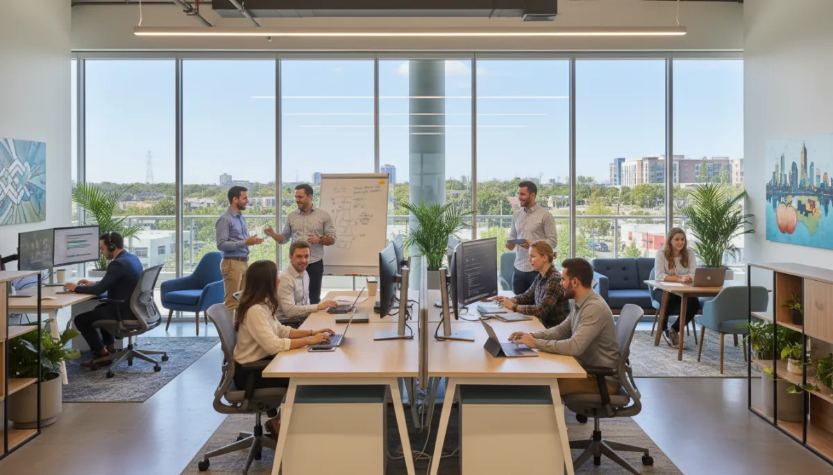 A photorealistic, high-resolution image of a modern tech office in Alpharetta, Georgia, featuring diverse groups of workers collaborating in an open workspace. The scene should showcase bright natural lighting, contemporary furniture, glass walls, and technology such as laptops and digital screens. The workers should be engaged in team discussions and individual work, reflecting a dynamic and innovative atmosphere. Subtle elements hinting at the North Atlanta location, such as local artwork or views of Alpharetta’s skyline through the windows, should be included. The overall mood should be professional, welcoming, and vibrant, suitable for a blog comparing Alpharetta and Austin as top destinations for tech professionals in 2026. A photorealistic, high-resolution image of a modern tech office in Alpharetta, Georgia, featuring diverse groups of workers collaborating in an open workspace. The scene should showcase bright natural lighting, contemporary furniture, glass walls, and technology such as laptops and digital screens. The workers should be engaged in team discussions and individual work, reflecting a dynamic and innovative atmosphere. Subtle elements hinting at the North Atlanta location, such as local artwork or views of Alpharetta’s skyline through the windows, should be included. The overall mood should be professional, welcoming, and vibrant, suitable for a blog comparing Alpharetta and Austin as top destinations for tech professionals in 2026.