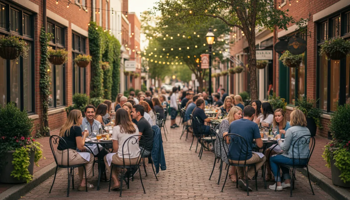 A candid, high-quality real photograph of people dining outdoors at café tables along Canton Street in Roswell, Georgia. Capture a genuine, lively scene: diverse diners, real historic brick buildings, boutique shops, greenery, and string lights. The lighting should be natural and warm, evoking a relaxed, inviting early evening. Avoid AI-generated or overly staged looks—ensure the scene is truly photographic and authentic to Roswell.
