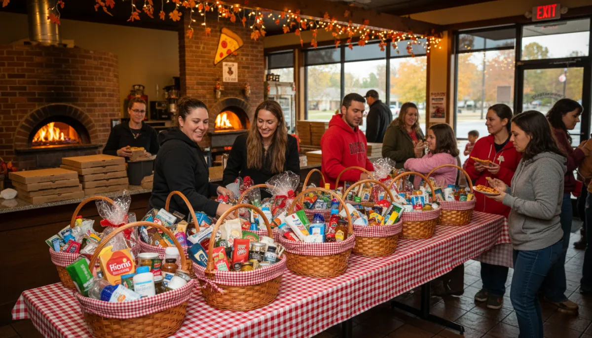 A warm, inviting scene inside Sid’s Pizza in Alpharetta, featuring a group of diverse volunteers joyfully filling large woven baskets with Thanksgiving foods such as canned goods, fresh produce, and festive gift cards. The baskets are arranged on a rustic wooden table, surrounded by subtle autumn decorations like pumpkins and fall leaves. Soft natural light streams in through the windows, highlighting the cheerful atmosphere and community spirit. In the background, a Sid’s Pizza sign is visible, reinforcing the local setting. The image should feel authentic, heartwarming, and professional—perfect for the top of a community-focused blog post.