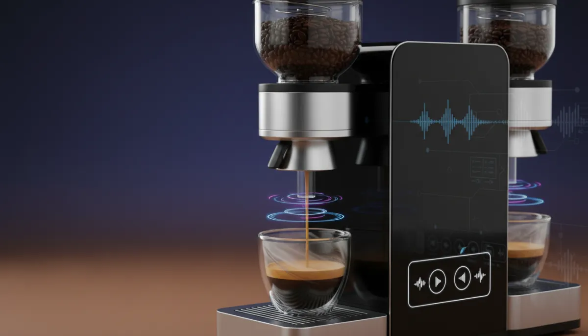 Close-up of espresso from a sound-wave machine with taste testers evaluating
