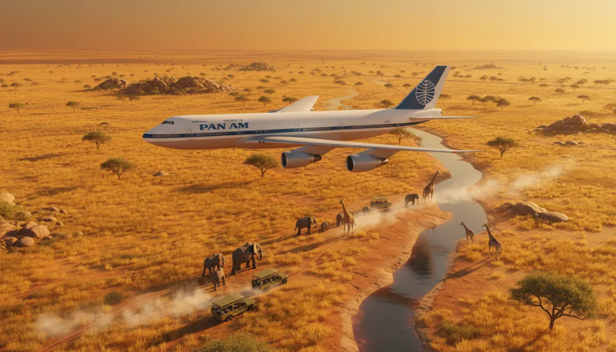 Pan Am jet flying over African savanna in a professional neutral style
